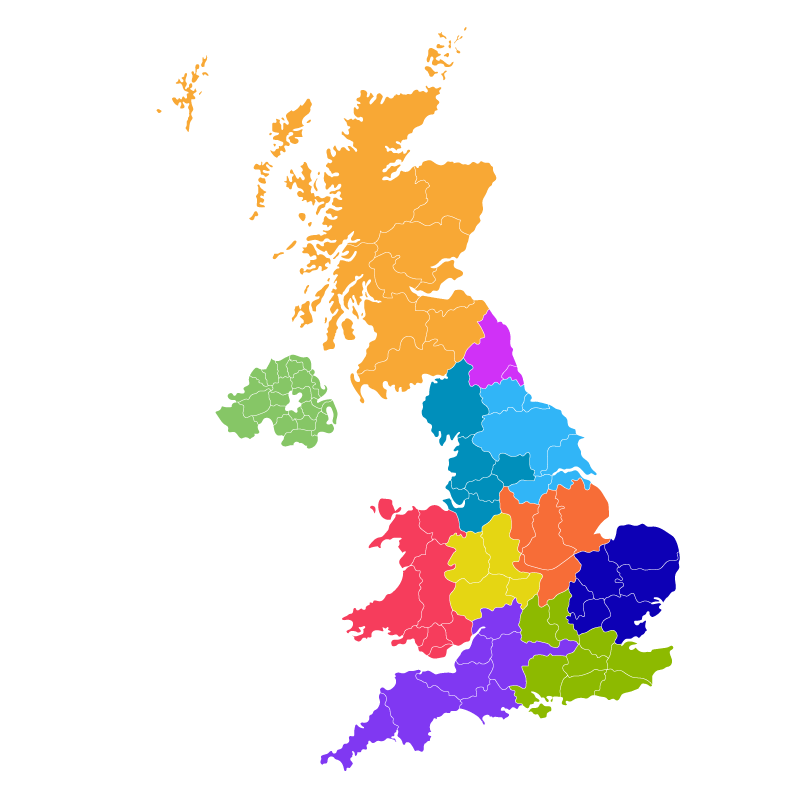 Colour coded regional map of UK.